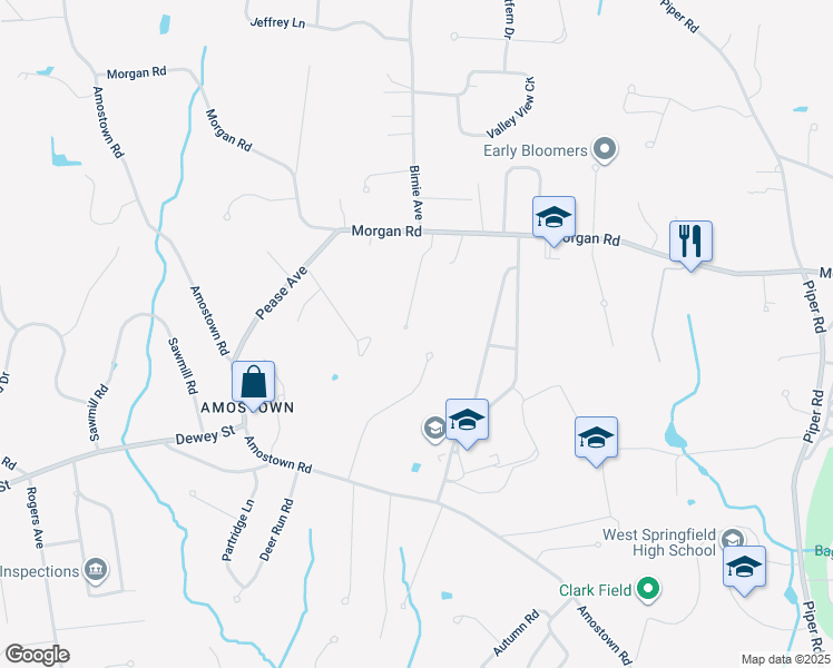 map of restaurants, bars, coffee shops, grocery stores, and more near 89 Vincent Drive in West Springfield