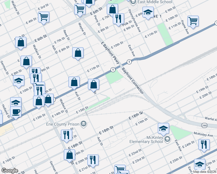 map of restaurants, bars, coffee shops, grocery stores, and more near 1411 Wayne St in Erie