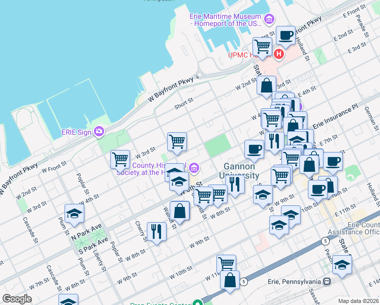 map of restaurants, bars, coffee shops, grocery stores, and more near 336 West 4th Street in Erie