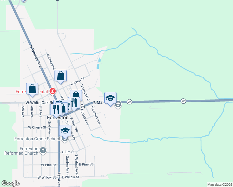 map of restaurants, bars, coffee shops, grocery stores, and more near 702 Hewitt Street in Forreston