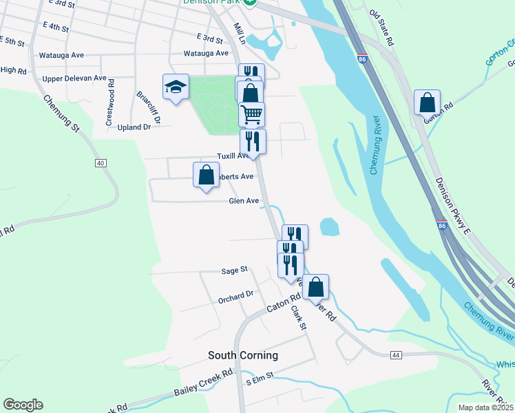 map of restaurants, bars, coffee shops, grocery stores, and more near 1 Glen Avenue in South Corning