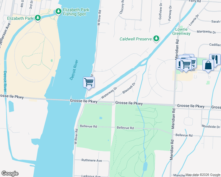 map of restaurants, bars, coffee shops, grocery stores, and more near 9838 Waterway Drive in Grosse Ile Township