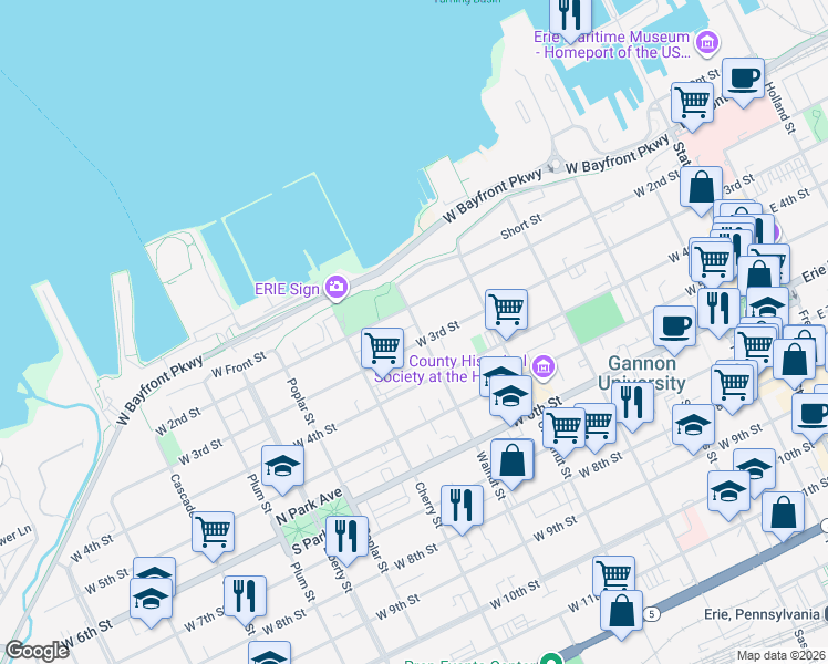map of restaurants, bars, coffee shops, grocery stores, and more near 224 Walnut Street in Erie
