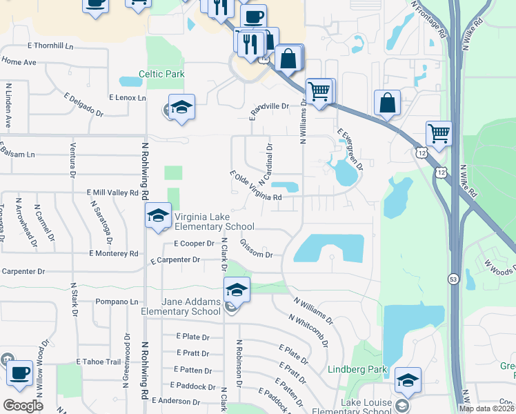 map of restaurants, bars, coffee shops, grocery stores, and more near 1096 East Cottonwood Way in Palatine