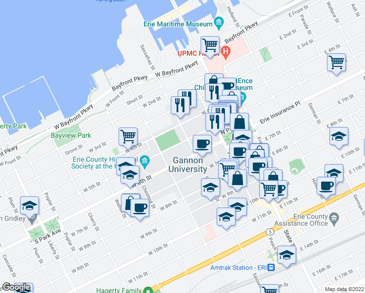 map of restaurants, bars, coffee shops, grocery stores, and more near 217 West 5th Street in Erie