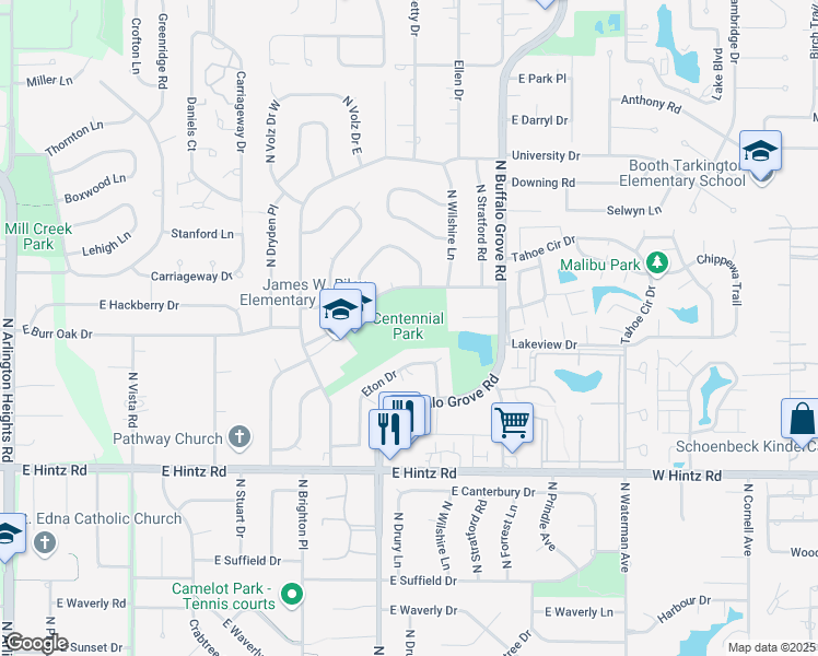 map of restaurants, bars, coffee shops, grocery stores, and more near 1209 East Burr Oak Drive in Arlington Heights