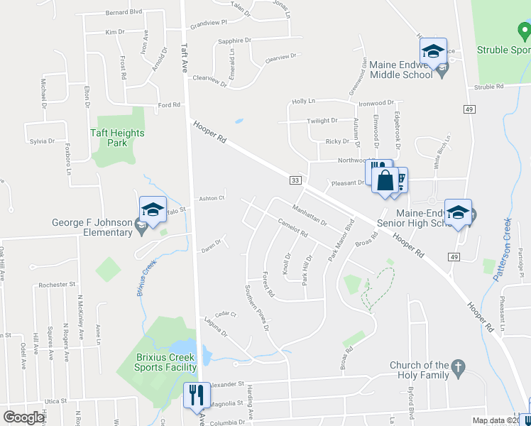 map of restaurants, bars, coffee shops, grocery stores, and more near Southern Pines Drive & Camelot Road in Endwell