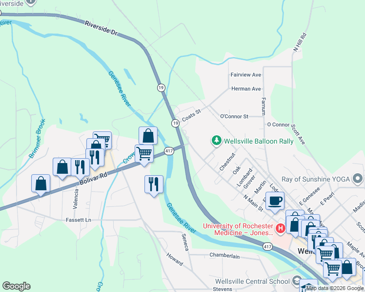 map of restaurants, bars, coffee shops, grocery stores, and more near 0 Bolivar Road in Wellsville