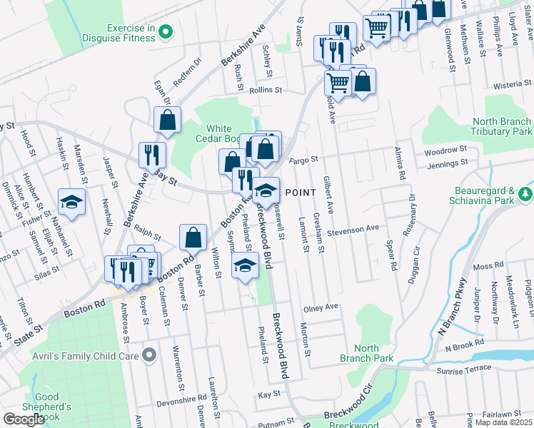 map of restaurants, bars, coffee shops, grocery stores, and more near 52 Rosewell Street in Springfield