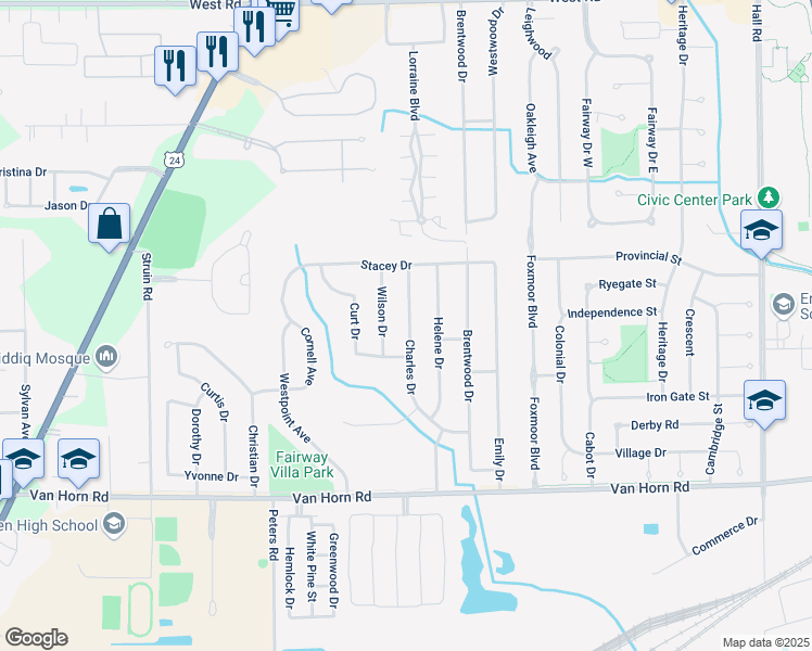 map of restaurants, bars, coffee shops, grocery stores, and more near 24452 Charles Drive in Brownstown Charter Township