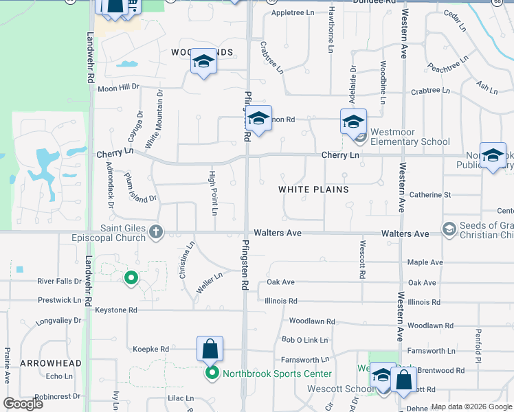 map of restaurants, bars, coffee shops, grocery stores, and more near 1331 Pfingsten Road in Northbrook