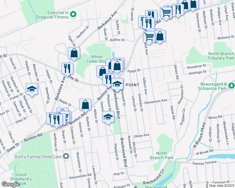 map of restaurants, bars, coffee shops, grocery stores, and more near 68 Breckwood Boulevard in Springfield