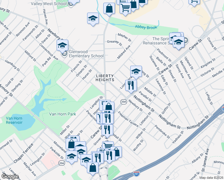 map of restaurants, bars, coffee shops, grocery stores, and more near 500 Newbury Street in Springfield