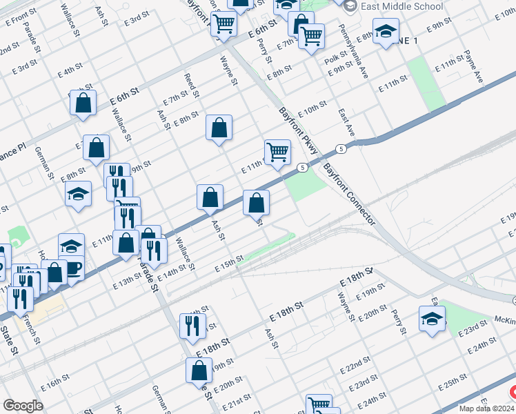 map of restaurants, bars, coffee shops, grocery stores, and more near 705 East 12th Street in Erie