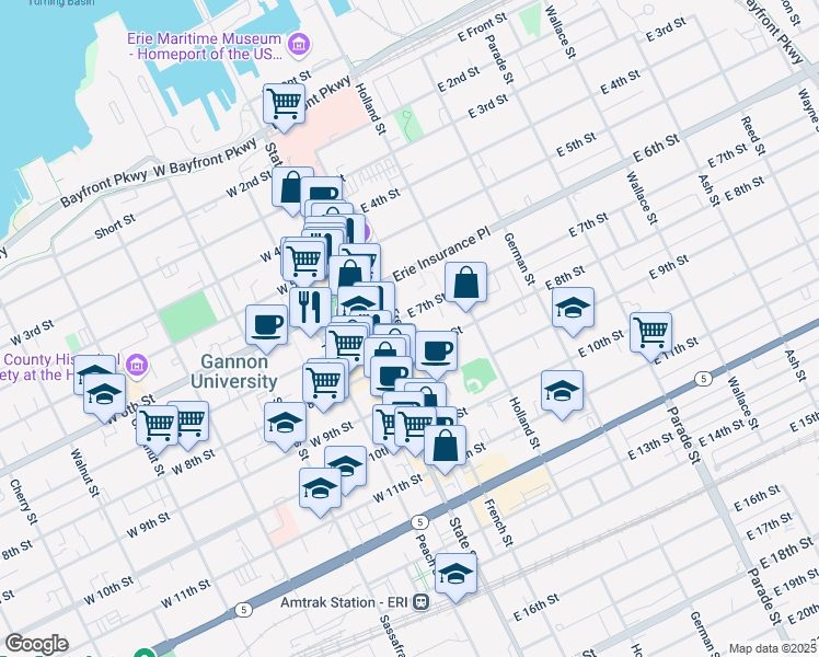 map of restaurants, bars, coffee shops, grocery stores, and more near in Erie