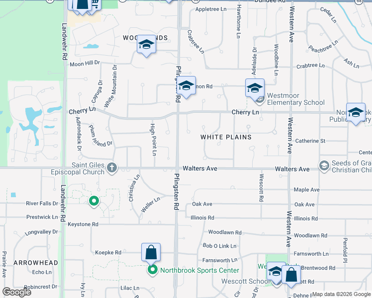 map of restaurants, bars, coffee shops, grocery stores, and more near 1331 Pfingsten Road in Northbrook