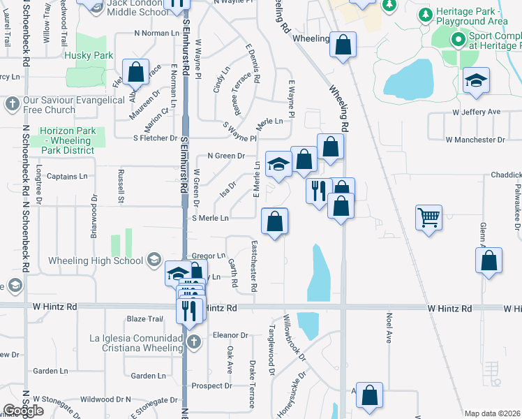 map of restaurants, bars, coffee shops, grocery stores, and more near 515 East Merle Lane in Wheeling