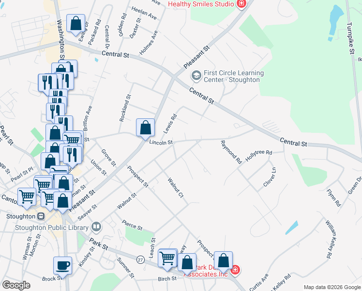 map of restaurants, bars, coffee shops, grocery stores, and more near 295 Lincoln Street in Stoughton