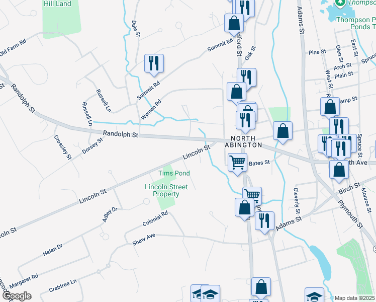 map of restaurants, bars, coffee shops, grocery stores, and more near 83 Lincoln Street in Abington