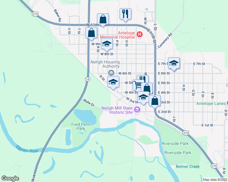 map of restaurants, bars, coffee shops, grocery stores, and more near 402 P Street in Neligh