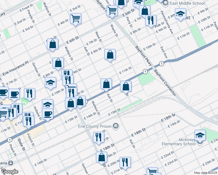 map of restaurants, bars, coffee shops, grocery stores, and more near 636 East 12th Street in Erie