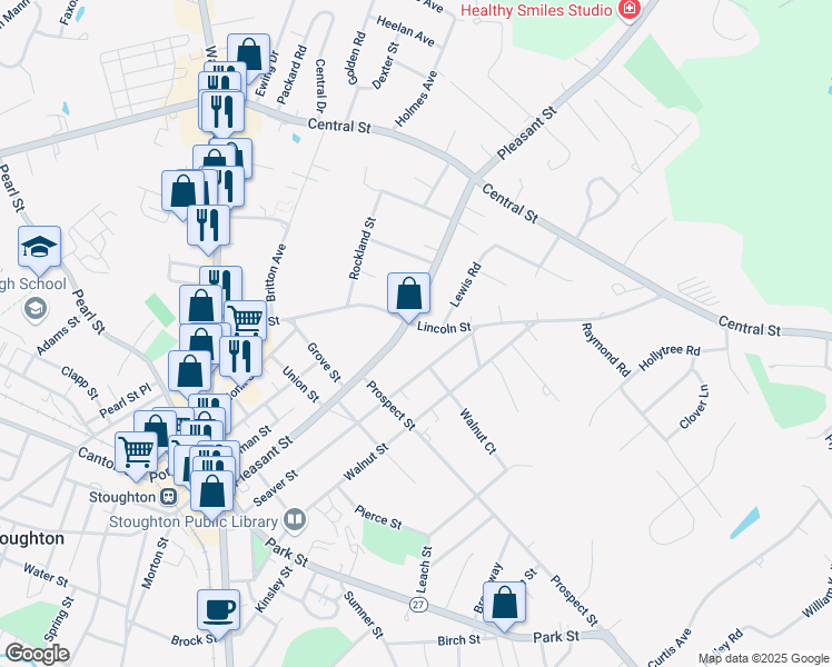 map of restaurants, bars, coffee shops, grocery stores, and more near 215 Lincoln Street in Stoughton
