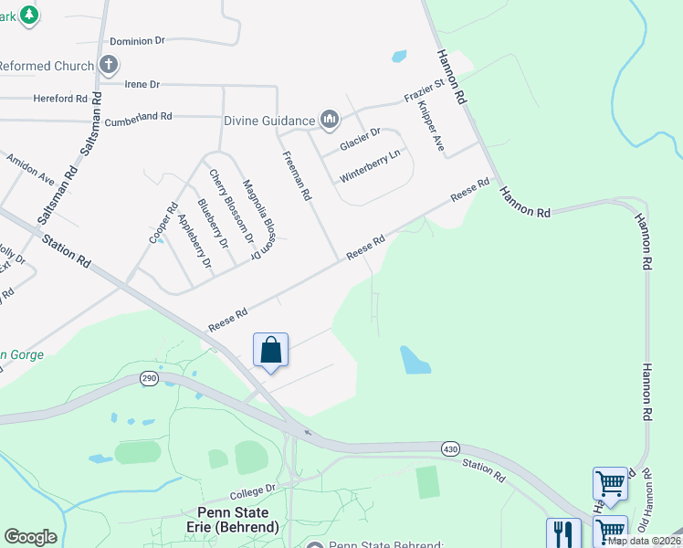 map of restaurants, bars, coffee shops, grocery stores, and more near 4821 Reese Rd in Erie