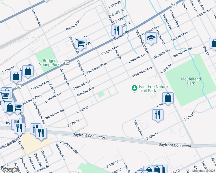 map of restaurants, bars, coffee shops, grocery stores, and more near 1951 Glendale Avenue in Erie