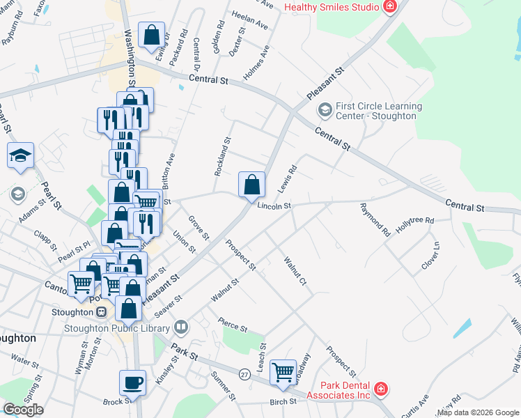 map of restaurants, bars, coffee shops, grocery stores, and more near 223 Lincoln Street in Stoughton