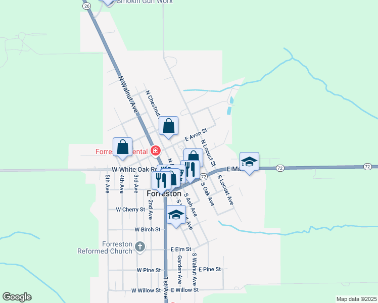 map of restaurants, bars, coffee shops, grocery stores, and more near 205 North Oak Avenue in Forreston