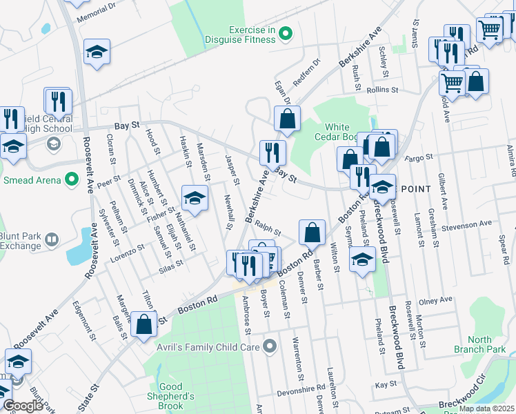 map of restaurants, bars, coffee shops, grocery stores, and more near 227 Berkshire Avenue in Springfield
