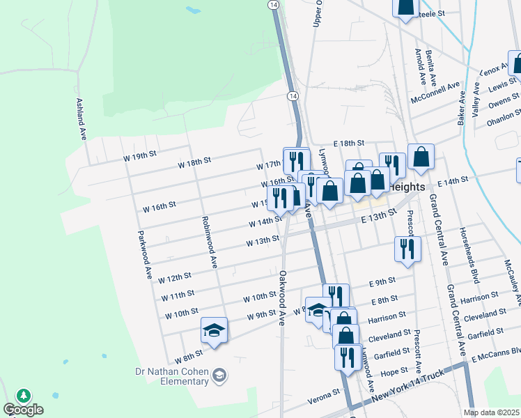 map of restaurants, bars, coffee shops, grocery stores, and more near 201 West 15th Street in Elmira