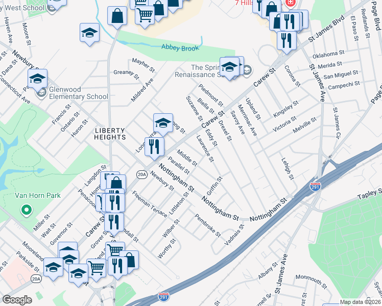 map of restaurants, bars, coffee shops, grocery stores, and more near in Springfield