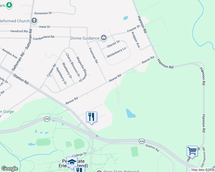 map of restaurants, bars, coffee shops, grocery stores, and more near 4821 Reese Rd in Erie