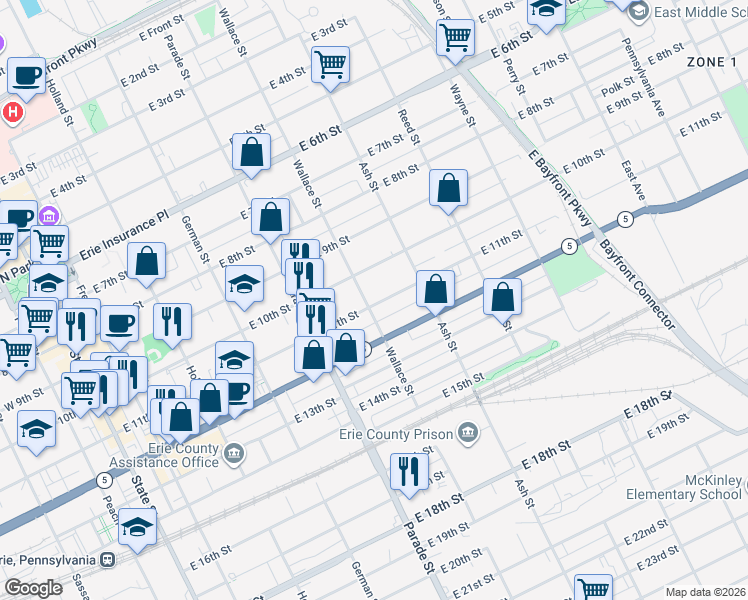 map of restaurants, bars, coffee shops, grocery stores, and more near 1014 Wallace Street in Erie