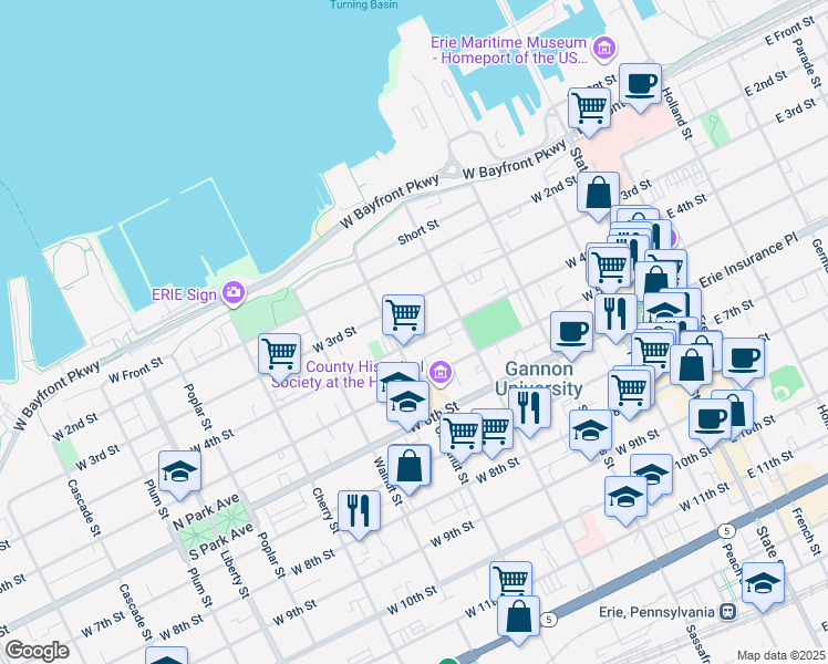 map of restaurants, bars, coffee shops, grocery stores, and more near 336 West 4th Street in Erie
