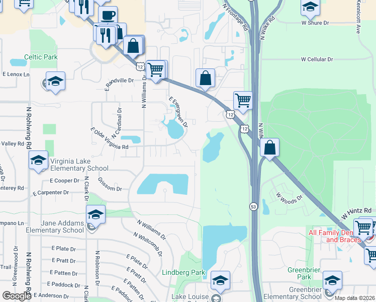 map of restaurants, bars, coffee shops, grocery stores, and more near 1365 East Evergreen Drive in Palatine