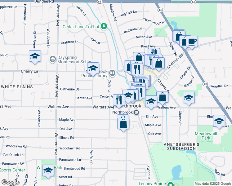 map of restaurants, bars, coffee shops, grocery stores, and more near in Northbrook