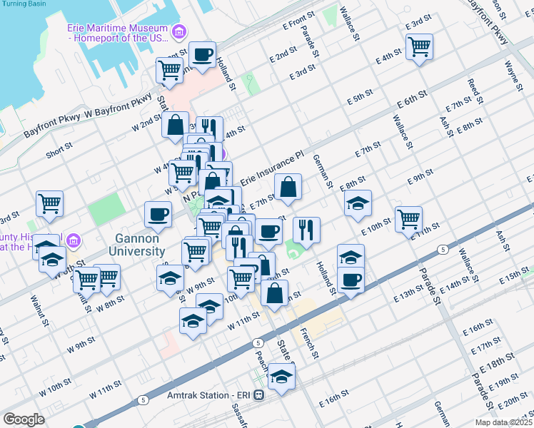 map of restaurants, bars, coffee shops, grocery stores, and more near 124 East 8th Street in Erie