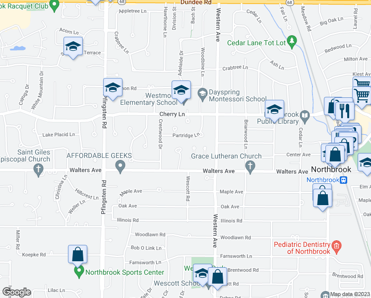 map of restaurants, bars, coffee shops, grocery stores, and more near 1311 Brookside Lane in Northbrook