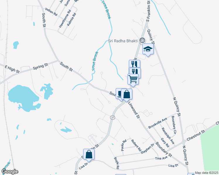 map of restaurants, bars, coffee shops, grocery stores, and more near 55R South Street in Holbrook