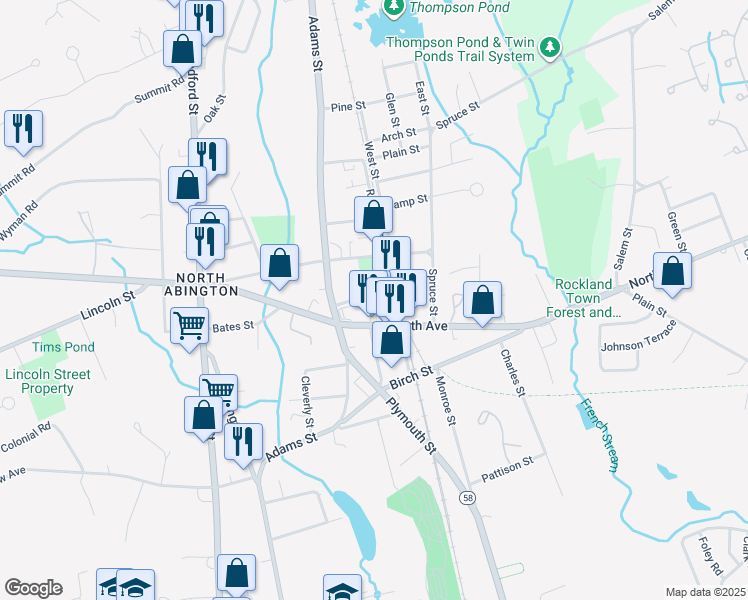 map of restaurants, bars, coffee shops, grocery stores, and more near 55 Harrison Avenue in Abington