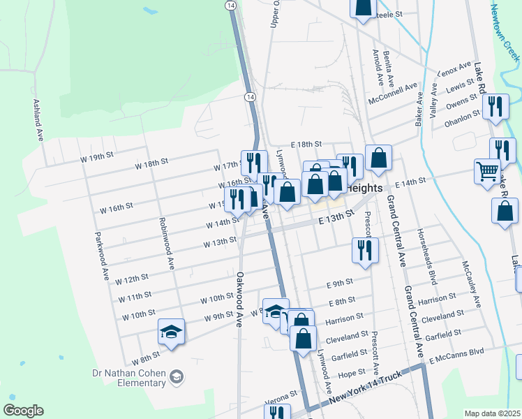 map of restaurants, bars, coffee shops, grocery stores, and more near 122 West 14th Street in Elmira