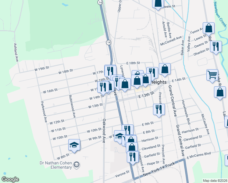 map of restaurants, bars, coffee shops, grocery stores, and more near 104 C West 14th Street in Elmira Heights