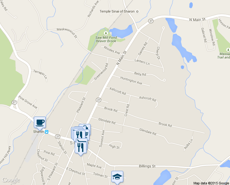 map of restaurants, bars, coffee shops, grocery stores, and more near 15 Ashcroft Road in Sharon