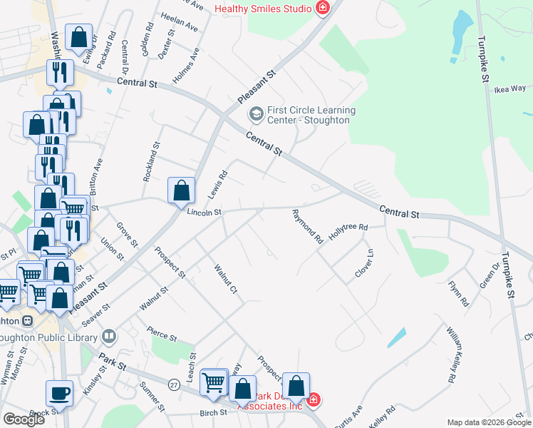 map of restaurants, bars, coffee shops, grocery stores, and more near 349 Lincoln Street in Stoughton
