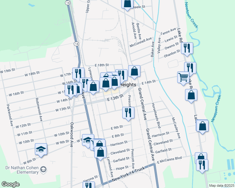 map of restaurants, bars, coffee shops, grocery stores, and more near 223 Scottwood Avenue in Elmira
