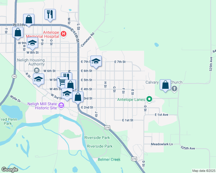 map of restaurants, bars, coffee shops, grocery stores, and more near 502 East 4th Street in Neligh