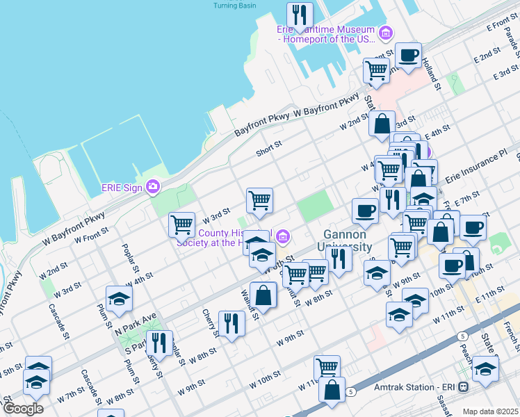 map of restaurants, bars, coffee shops, grocery stores, and more near 307 Chestnut Street in Erie
