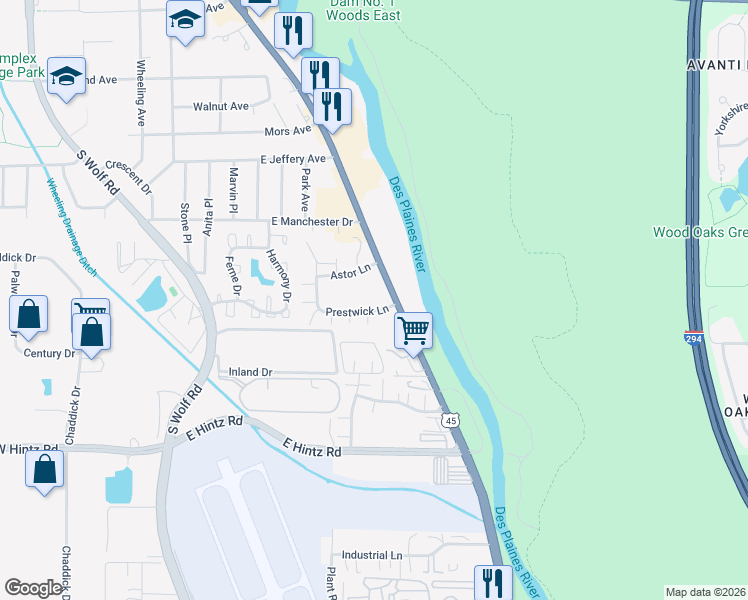 map of restaurants, bars, coffee shops, grocery stores, and more near 720 Astor Lane in Wheeling